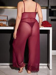 Plus Size Sexy Lace Mesh Jumpsuit With Deep V-Neck, Metal Chain Detail, Elegant Loungewear Jumpsuit