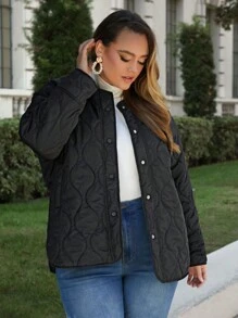 SHEIN Privé 大码女式波浪纹黑色宽松夹克，休闲保暖加厚衬里秋冬新品