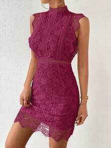 SHEIN Clasi 1pc Solid Color Stand Collar Lace Patchwork Fitted Sleeveless Dress