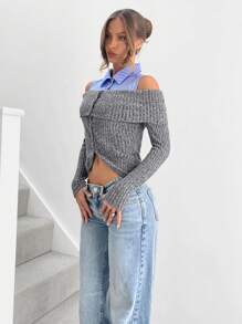 SHEIN Essnce 女式休闲撞色露肩长袖条纹衬衫，春季和秋季 - 彩色 - 查看 5