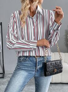 SHEIN Clasi Women's Front Button Long Sleeve Striped Collared Blouse, Minimalist Casual Top For Daily Wear Women Shirt