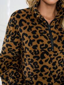 INAWLY Sudadera holgada de casual para otoño/invierno de mujer con estampado de leopardo, manga larga de hombros caídos y cremallera media