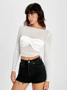 SHEIN EZwear 女士扭结网眼面板透明长袖上衣，性感设计 - 白色 - 查看 5