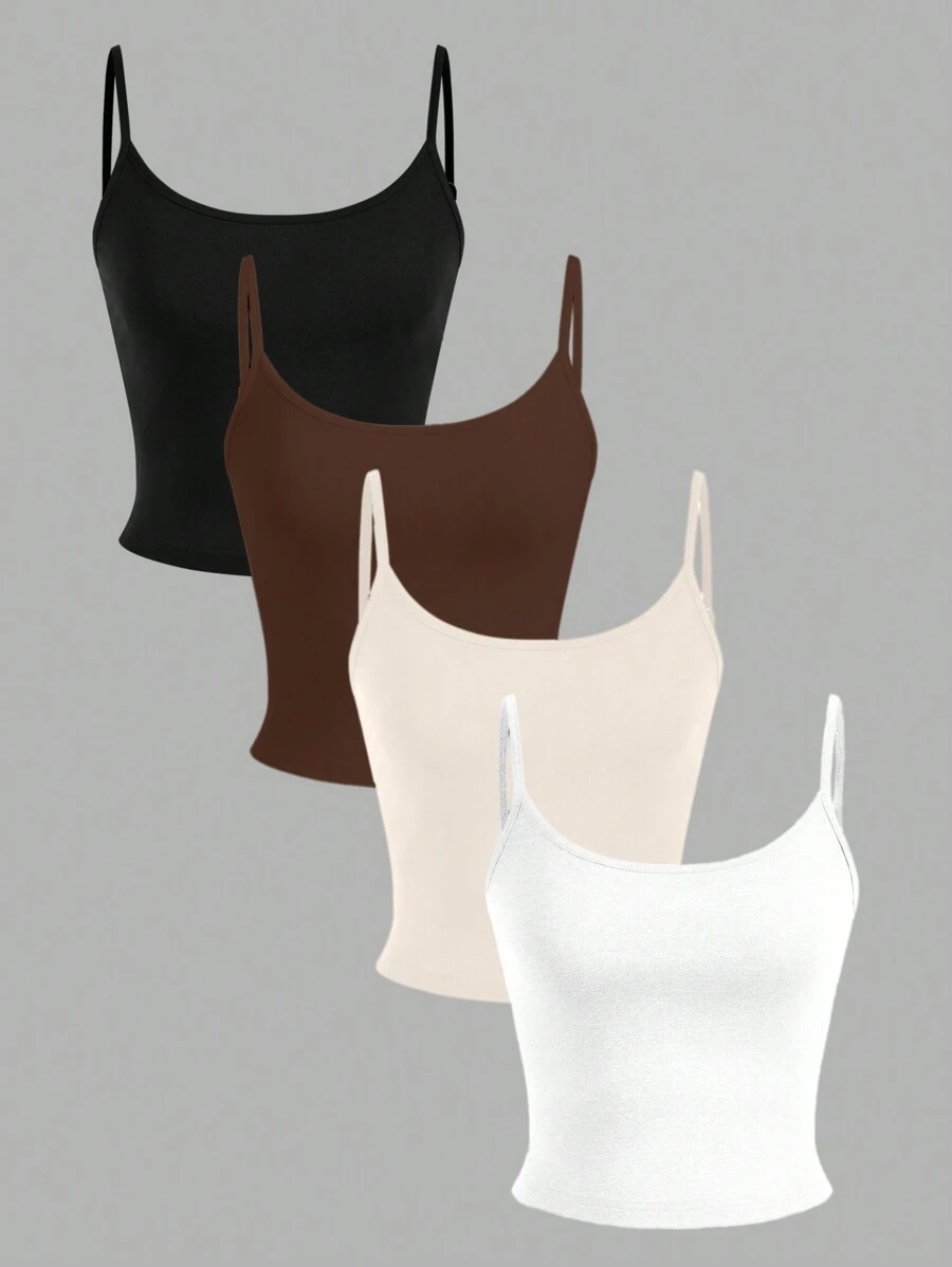 SHEIN EZwear 4 قطعة/مجموعة من البلوزات العصرية القصيرة ذات الحمالات، مناسبة للصيف للنساء، ذات تركيب محكم - متعدد الألوان - مشاهدة 1