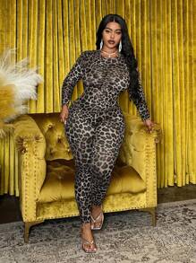 Slaydiva Plus Size Women's Sexy Leopard Print See-Through Bodycon Jumpsuit