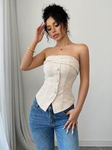 Elenzga Áo hai dây không tay thanh lịch bằng vải tuýt dệt kim cài nút 1 chiếc - Màu vàng - Xem 7