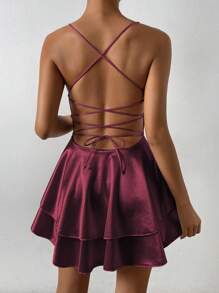 Allurite Solid Color Backless Knotted Sexy Sleeveless Cami Dress Mini Short Women Outfit - Coffee Brown - View 2