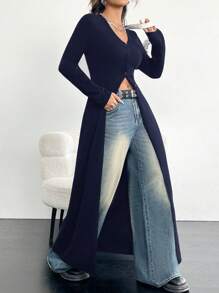 SHEIN EZwear Plus Size Women Long Cardigan With Chic And Stylish Design In Black, Suitable For Autumn/Winter - Navy Blue - View 5