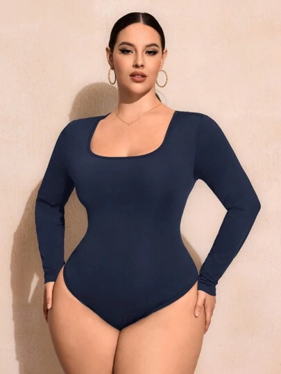 SHEIN SXY Plus Size Solid Color Square Collar Fitted Long Sleeve Bodysuit
