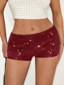 SHEIN BAE 1 件女式亮片短裤，夏季迷你短裤，适合音乐会、乡村音乐会、性感、俱乐部、街头服饰 - 酒紅色 - 查看 4