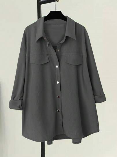 SHEIN LUNE 大码灯芯绒长袖宽松衬衫