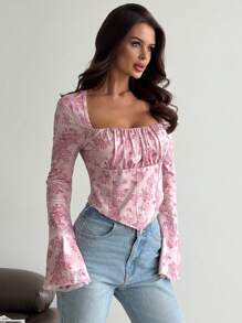 SHEIN Áo thun tay loe xếp nếp cổ bẻ vải bóng thanh lịch cho ngày lễ & kỳ nghỉ - Hồng - Xem 3