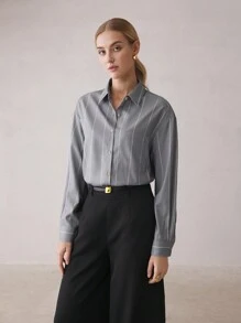 BizChic 女士秋季条纹印花翻领纽扣前袋工作衬衫，都市通勤基本款简约优雅时尚商务休闲风，适合教师、办公室、婚礼、音乐会等场合。 - 灰色 - 查看 3