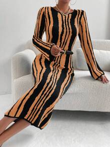 SHEIN Clasi Women Casual Color Block Striped Fitted Knit Sweater Dress, Autumn/Winter Fall Cloth For Women - Multicolor - View 5