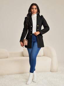 Quần áo thu đông thời trang mùa thu trang phục phụ nữ mùa thu trang phục phụ nữ thanh lịch công sở váy thường ngày thanh lịch giản dị ve áo dệt màu nâu tay áo trùm đầu nút vàng vừa vặn mới áo khoác dài tay phụ nữ trang phục phụ nữ - màu đen - Xem 8