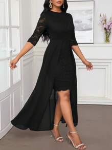 SHEIN Lady 秋冬圣诞派对礼服优雅蓝色蕾丝圆领不对称飘逸 - 黑色 - 查看 6