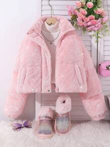 少女纯色蓬松拉链口袋连帽长袖棉服外套 - 粉色 - 查看 1