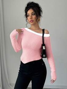 SHEIN Unity New Style Oblique Shoulder Contrast Fitted Pullover Sweater Knit Pullover Fall Winter - Pink - View 7