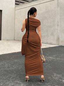 SHEIN SXY Plus Size White Bodycon One-Shoulder Twist Decorated Party Dress - Brown - View 2