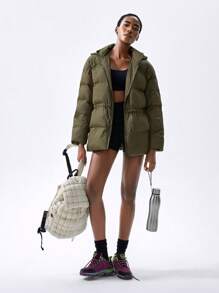 VARSITIE 寒冷秋冬装简约时尚中长款女士运动棉服外套 - 綠色 - 查看 5