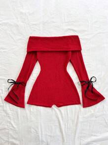 Soleia 休闲露肩喇叭袖系腰连体裤 - 紅色 - 查看 4