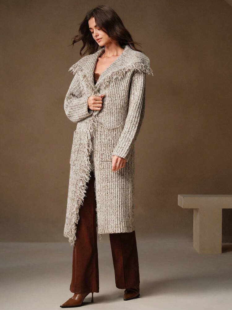 Women Elegant Long Cardigan Sweater With Fringe, Stylish And Chic