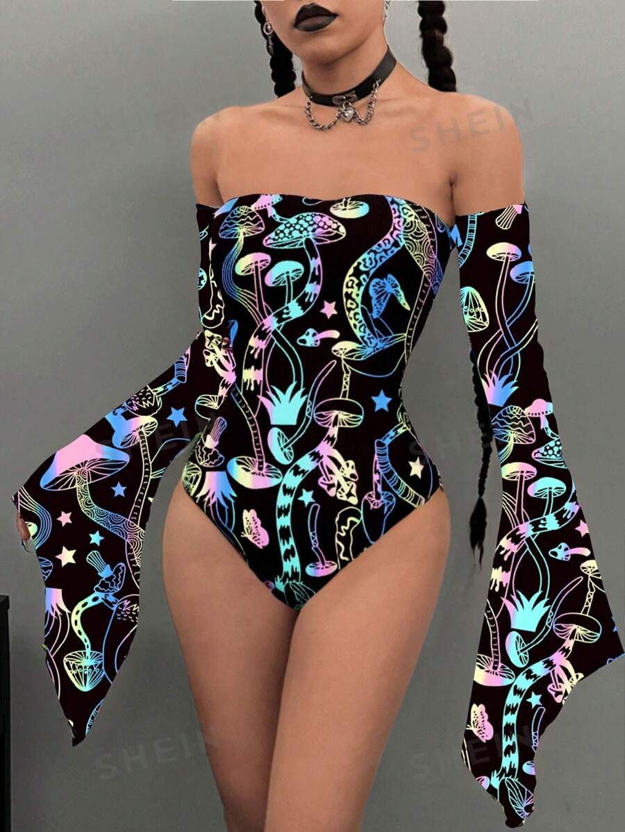 Flirla Body con mangas abullonadas y hombros descubiertos con efecto reflectante iridiscente para mujer