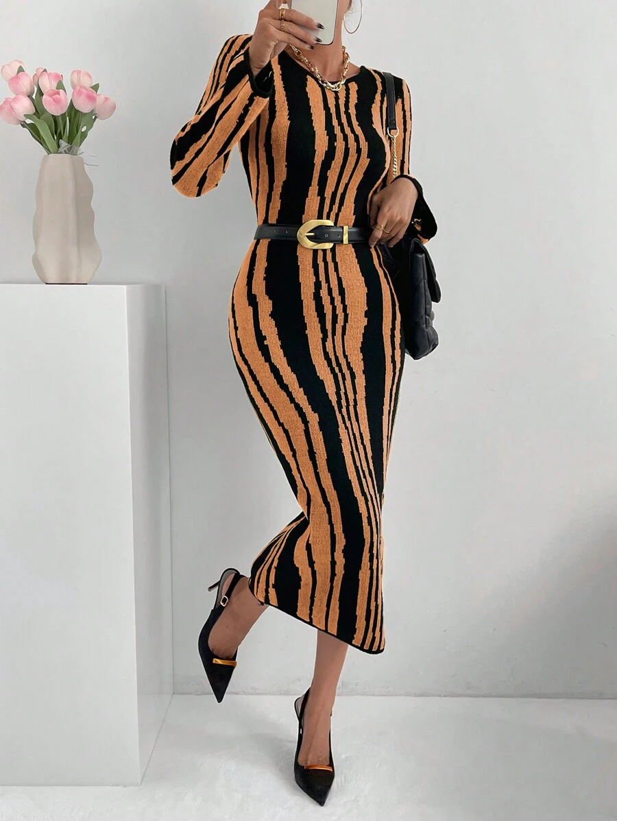 SHEIN Clasi Women Casual Color Block Striped Fitted Knit Sweater Dress, Autumn/Winter Fall Cloth For Women - Multicolor - View 1