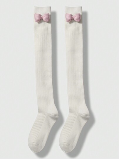 Kawaii 1 Pair Korean Style Cute & Simple Versatile High-Quality Warm White Vertical Stripe Pink Bow Decor JK Socks, Thigh High Stockings, Suitable For Women & Girls, Daily Wear, Gift Box Packaging