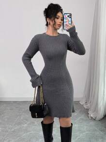 Chiquease 1 pieza Vestido de suéter de cuello redondo de unicolor de estilo minimalista francés - Gris - Ver 4