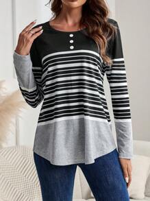 EMERY ROSE Áo thun nữ cổ tròn tay dài kẻ sọc dáng rộng thường ngày, mùa thu - màu đen - Xem 1