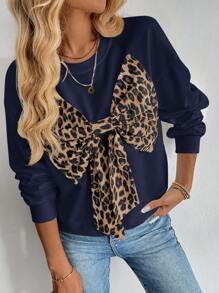 SHEIN LUNE Solid Color Knitted Contrast Leopard Print Butterfly Decor Casual Hoodie, Autumn/Winter