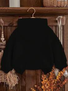 SHEIN Leap Crew 女婴针织柔软连帽套头衫，休闲厚款，适合寒冷天气 - 黑色 - 查看 2