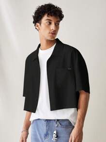 SWAVVY Chemise ample et décontractée à manches courtes unie pour hommes, style mode jeune tissé pour le quotidien - Noir - Voir 4
