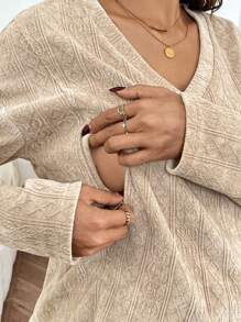 SHEIN Maternity 2pcs Set, V-Neck Long Sleeve T-Shirt & Elastic Waist Straight Pants, Casual Nursing Outfit - Apricot - View 5