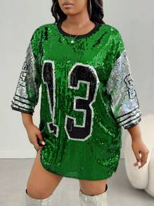 SHEIN SXY Áo thun in số cỡ lớn cho nữ có đính sequin, áo dự tiệc cổ tròn - Màu xanh lá cây đậm - Xem 7