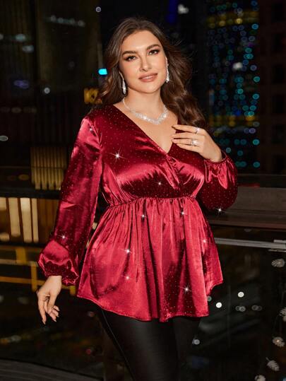 SHEIN Clasi Áo cánh tay đèn lồng viền bèo nhún đính đá trang trí cỡ lớn thanh lịch, mùa thu