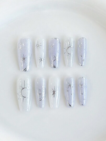 Fairycore 10pcs Ballet Style Star & Moon Nail Stickers + 3pcs Double-Sided Adhesive, Y2K Removable Cat Eye Handpainted Nail Art Decals, High Quality Glossy Nail Stickers Suitable For Festivals, Parties, Dancing And Daily Wear