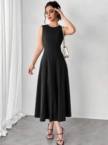 Calvaya Sleeveless Round Neck Waisted A-Line Casual Midi Dress, Versatile Daily Wear Maxi Women Outfit