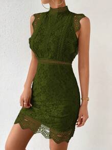 EMERY ROSE Vestido elegante de un solo color, con cuello de pie, parche de encaje y ajustado sin mangas - Verde militar - Ver 5