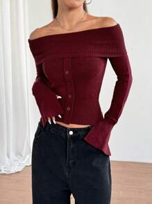 Flirla 1pc Sexy Off Shoulder Special Button Highly Colorful Knit Sweater