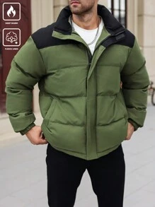 Manfinity Homme Plus Size Men's Casual Colorblock Long Sleeve Zip Front Padded Coat, Winter Going Out Bubble Coat Green Winter Coat, For Friends, Husband, Boyfriend Gifts - Multicolor - View 3