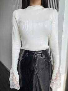 DAZY 1pc Lace Patchwork Fitted Women Pullover Sweater,Fall Clothes - White - View 7