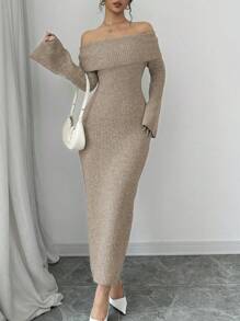 Elenzga Women Off Shoulder Solid Color Sweater Dress, Elegant For Autumn/Winter Fall Cloth For Women - Khaki - View 3