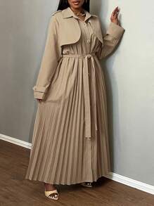 Slaydiva Damen Große Größen Eleganter Pendler-Trenchcoat mit plissierter Patchwork-Optik und langen Ärmeln, Herbst/Winter - Khaki - Übersicht 8