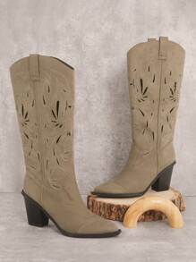 SHUZIA 女士牛仔休闲西式灰褐色舒适厚底高跟靴 - 米色 - 查看 2