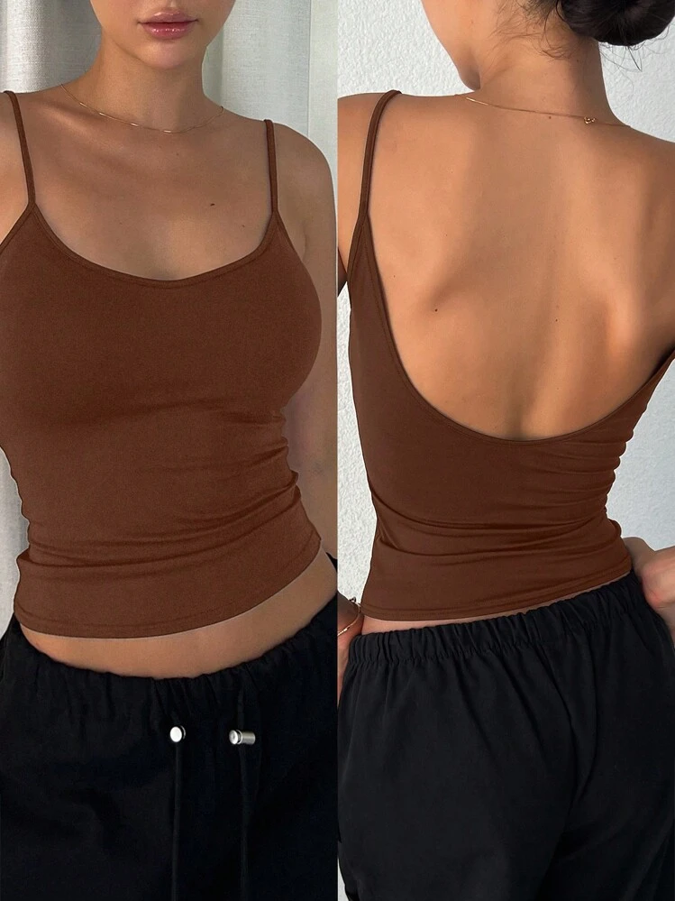 DAZY Women Slim Fit Open Back Cami Top, Simple & Fashionable For Casual Daily Wear Tank Tops - Brown - View 1