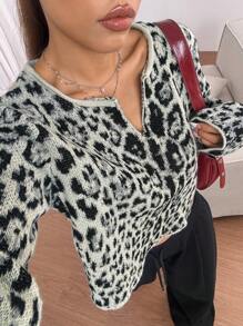 SHEIN Unity 女士豹纹翻领休闲套头毛衣，长袖针织套头衫，秋冬款 - 黑色 - 查看 1