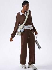 VARSITIE Kontrastfarbige Passe für locker sitzende Sporthosen für Damen - Braun - Übersicht 3