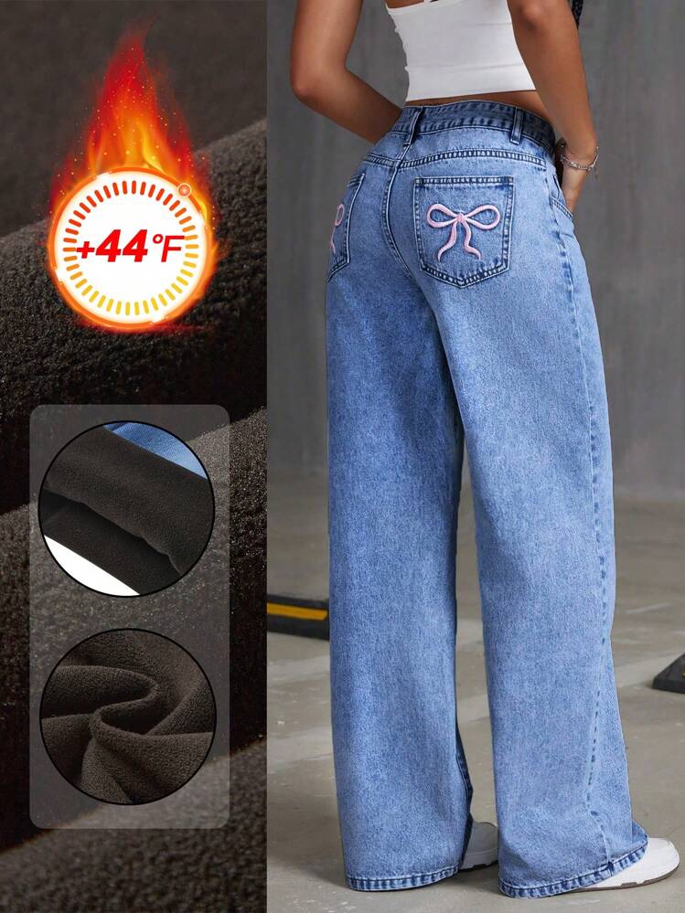 SHEIN ICON Jeans rectos casuales de mujer con bordado, lazo decorativo y forro polar - Azul - Añade 1